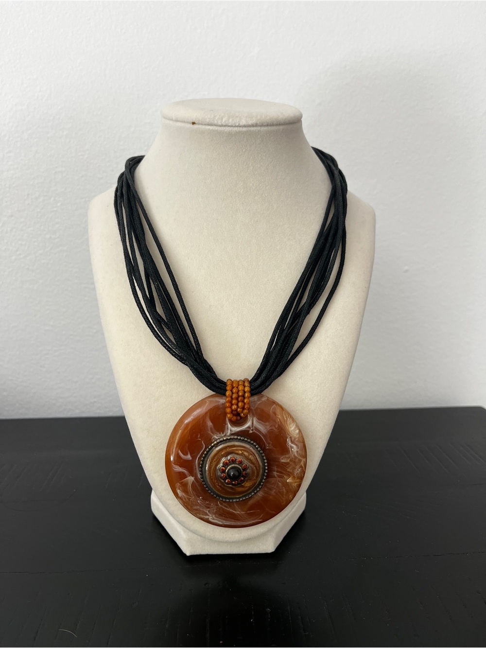 Handcrafted Brown Agate Disc Pendant Necklace with Black Multi-Strand Cord